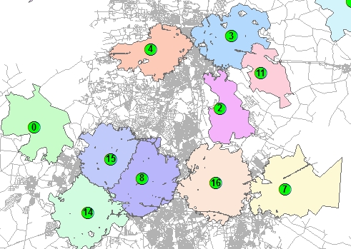 Assigned service areas - CutOff Cost = 15 kilometers used