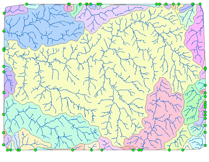Input rivers together with the output Sinks (Outlets) and delineated catchment areas